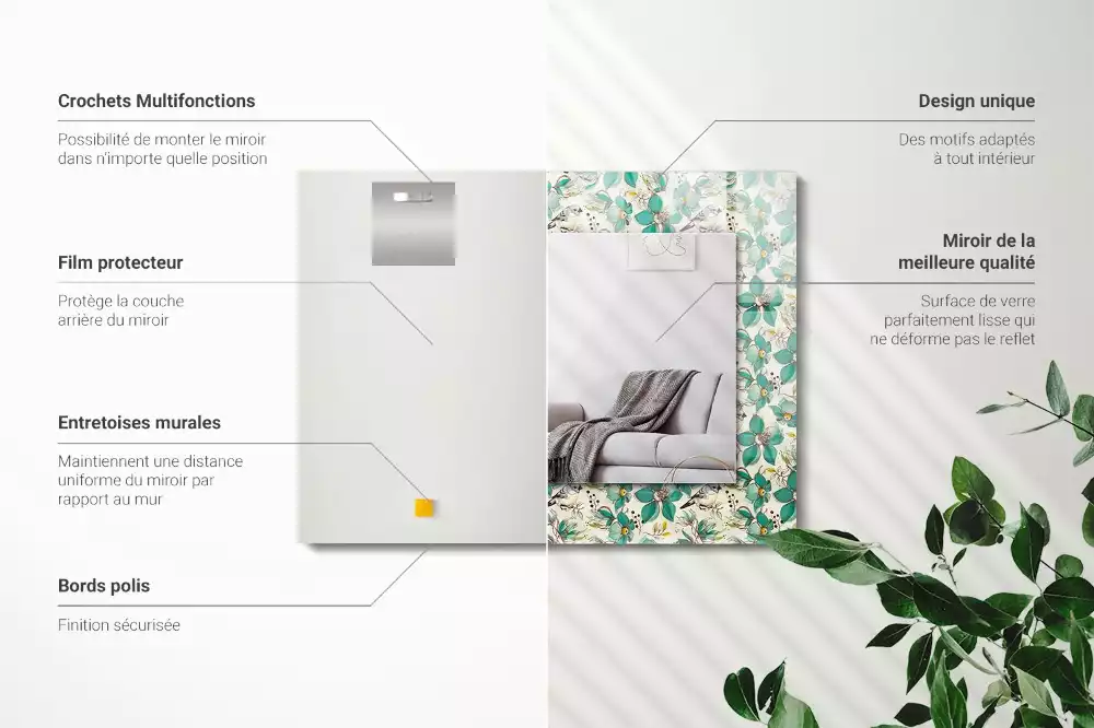 Oglindă dreptunghiulară cu decor cu păsări și flori