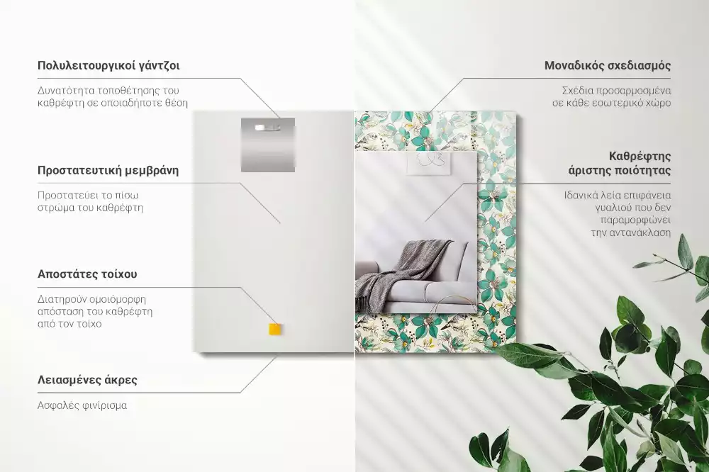 Oglindă dreptunghiulară cu decor cu păsări și flori