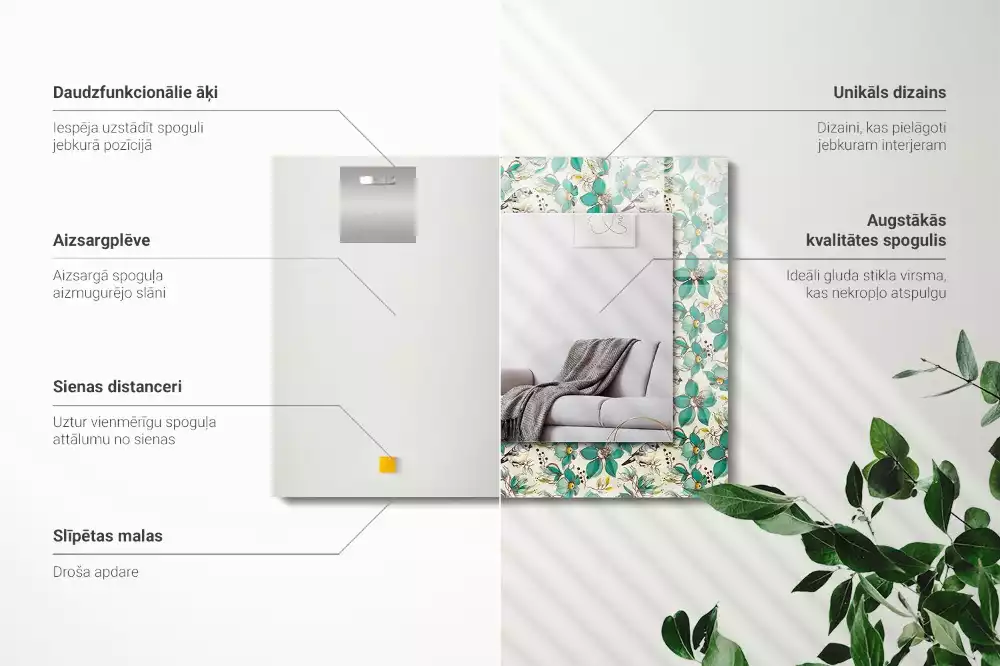 Oglindă dreptunghiulară cu decor cu păsări și flori
