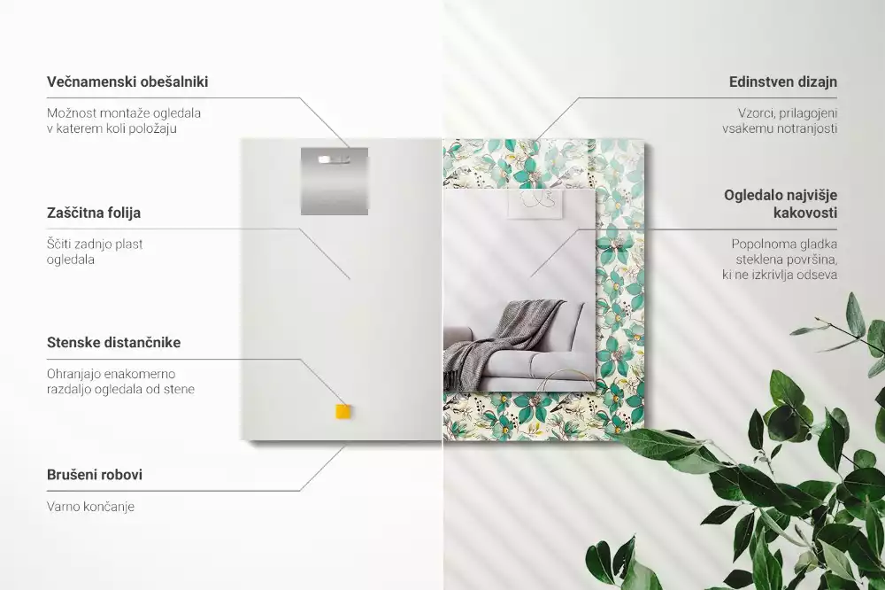 Oglindă dreptunghiulară cu decor cu păsări și flori