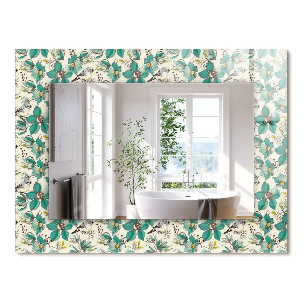 Oglindă dreptunghiulară cu decor cu păsări și flori