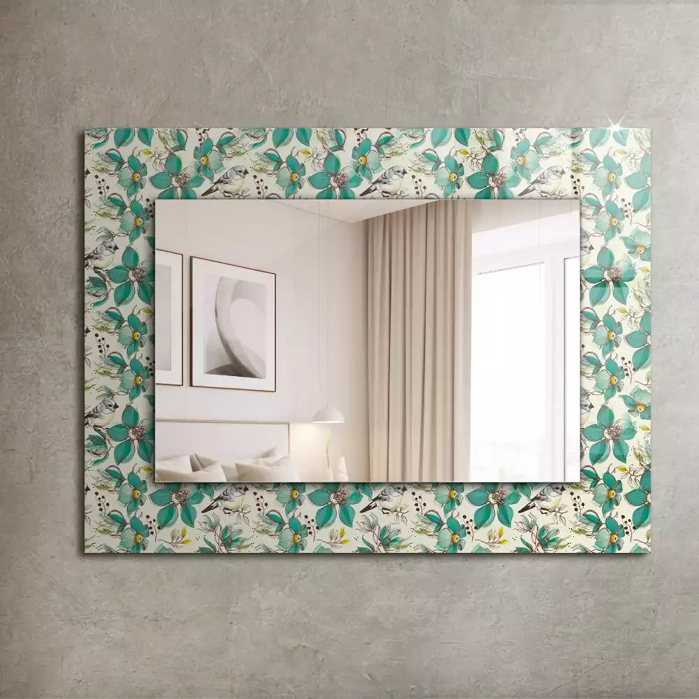 Oglindă dreptunghiulară cu decor cu păsări și flori