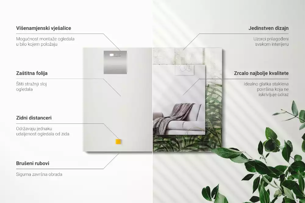 Oglindă dreptunghiulară cu ramă imprimată cu frunze de ferigă verzi