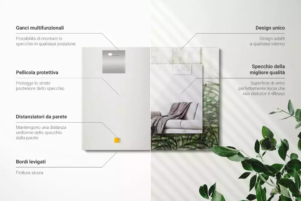 Oglindă dreptunghiulară cu ramă imprimată cu frunze de ferigă verzi