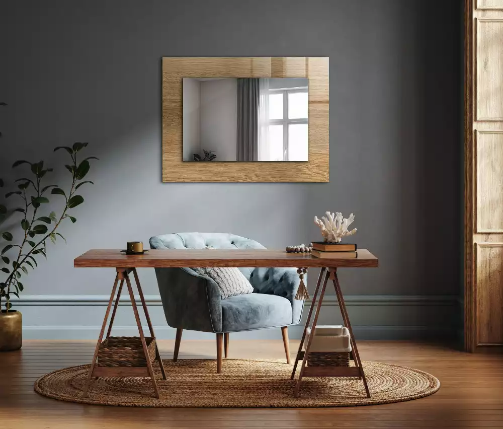 Oglindă dreptunghiulară din lemn cu ramă decorativă