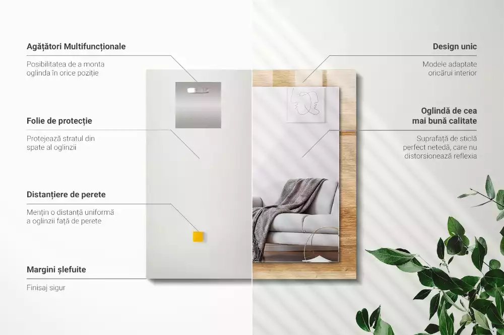 Oglindă dreptunghiulară din lemn cu ramă decorativă