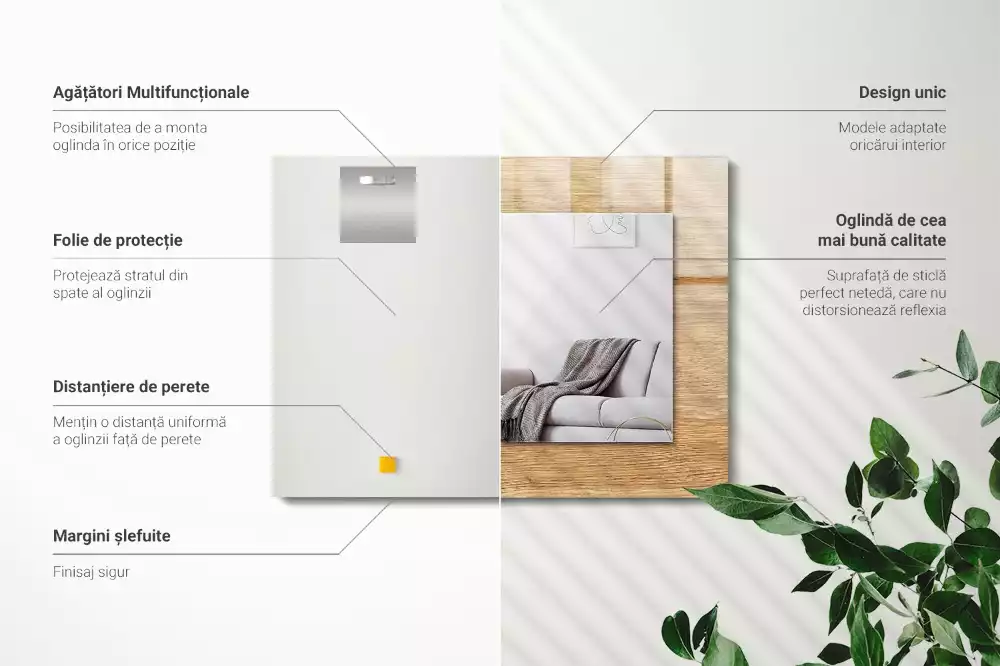 Oglindă dreptunghiulară din lemn cu ramă decorativă