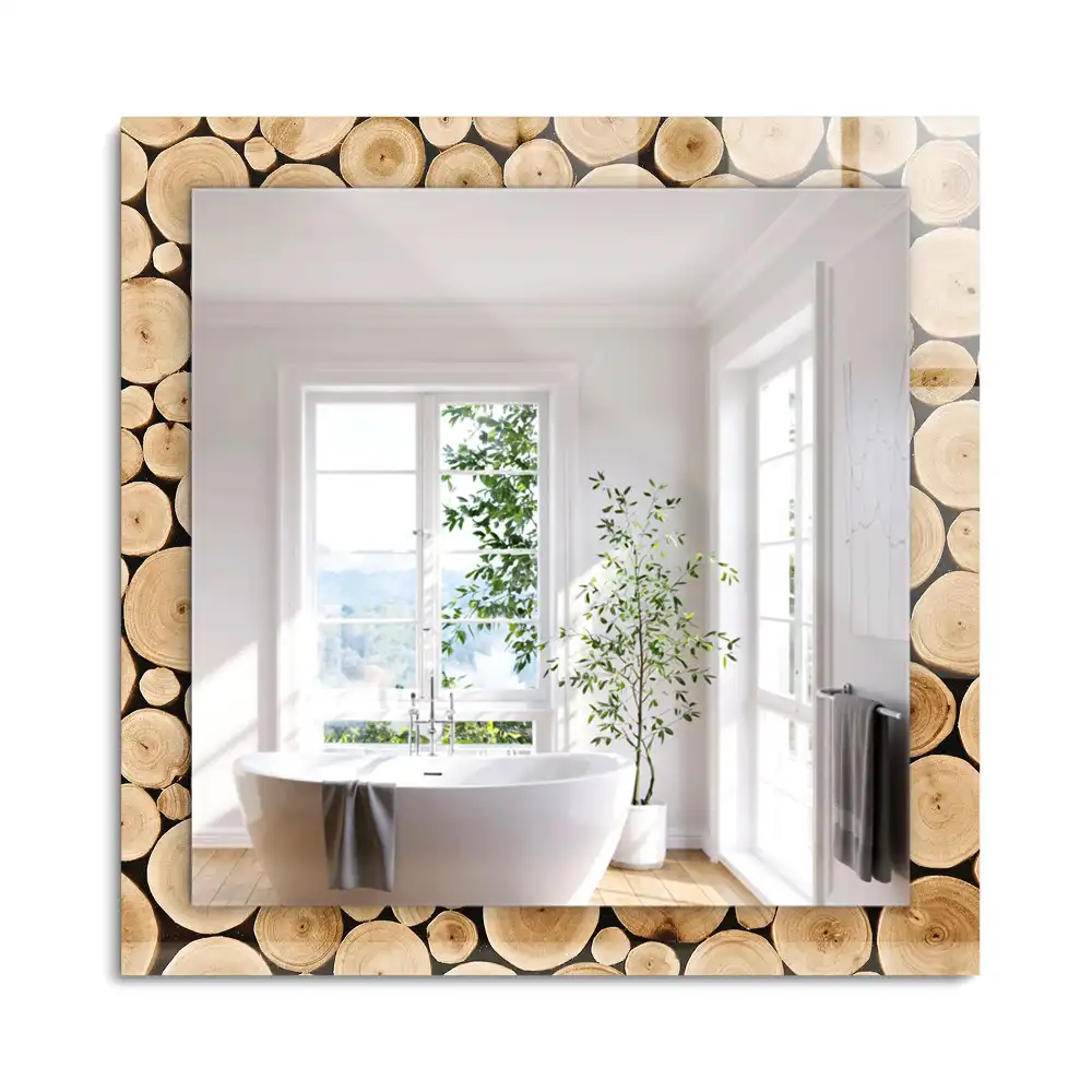 Oglindă dreptunghiulară decorativă cu secțiuni de trunchi de copac