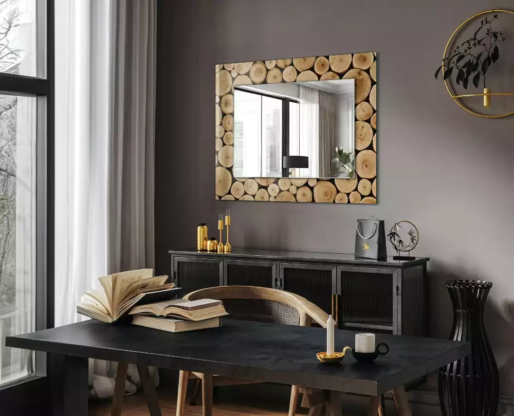 Oglindă dreptunghiulară decorativă cu secțiuni de trunchi de copac