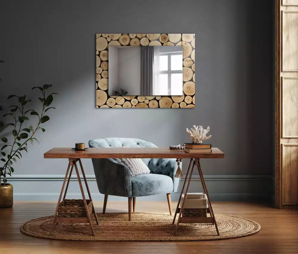 Oglindă dreptunghiulară decorativă cu secțiuni de trunchi de copac