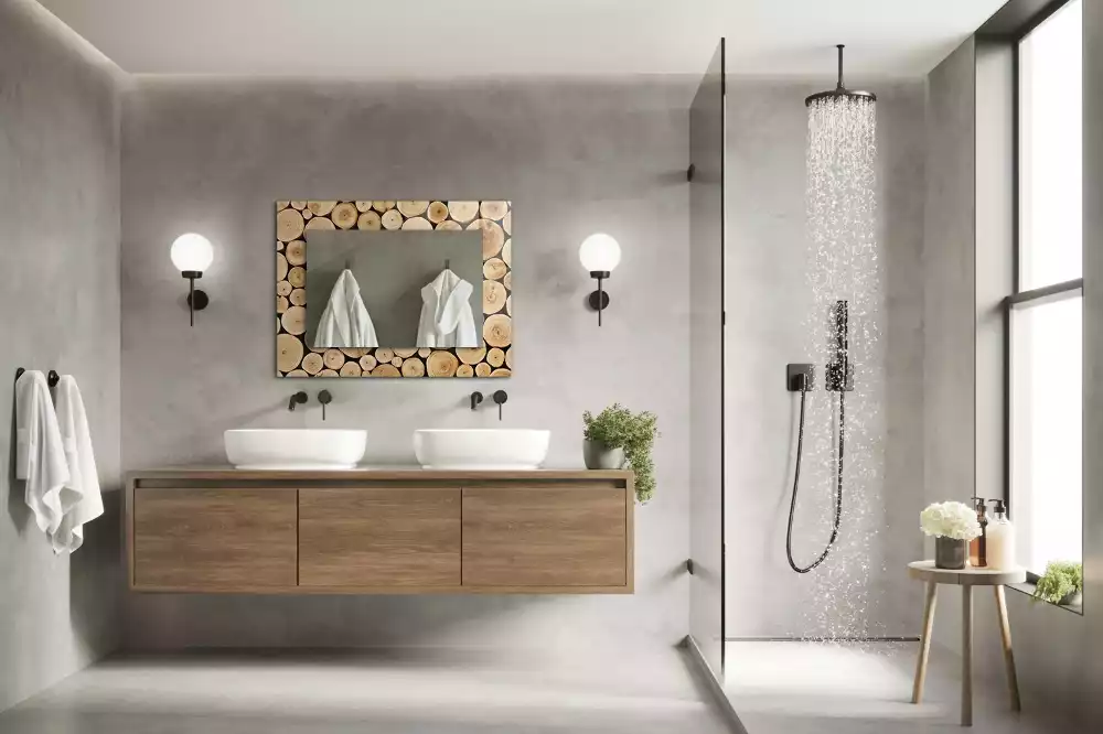 Oglindă dreptunghiulară decorativă cu secțiuni de trunchi de copac