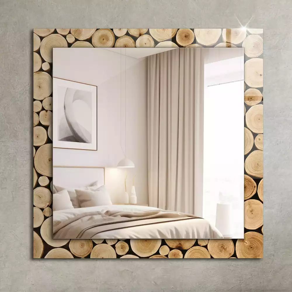 Oglindă dreptunghiulară decorativă cu secțiuni de trunchi de copac