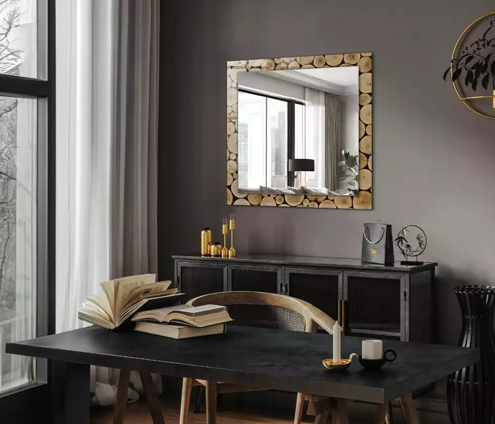 Oglindă dreptunghiulară decorativă cu secțiuni de trunchi de copac