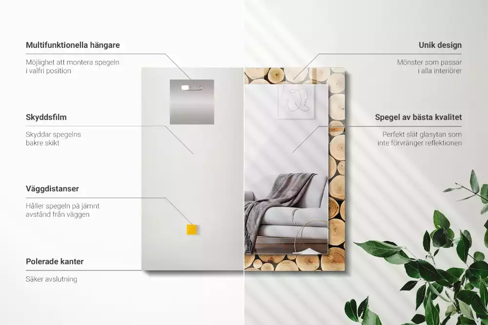 Oglindă dreptunghiulară decorativă cu secțiuni de trunchi de copac