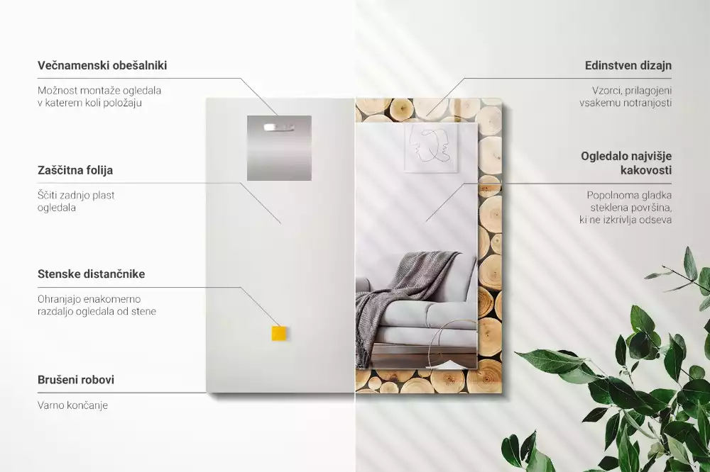 Oglindă dreptunghiulară decorativă cu secțiuni de trunchi de copac