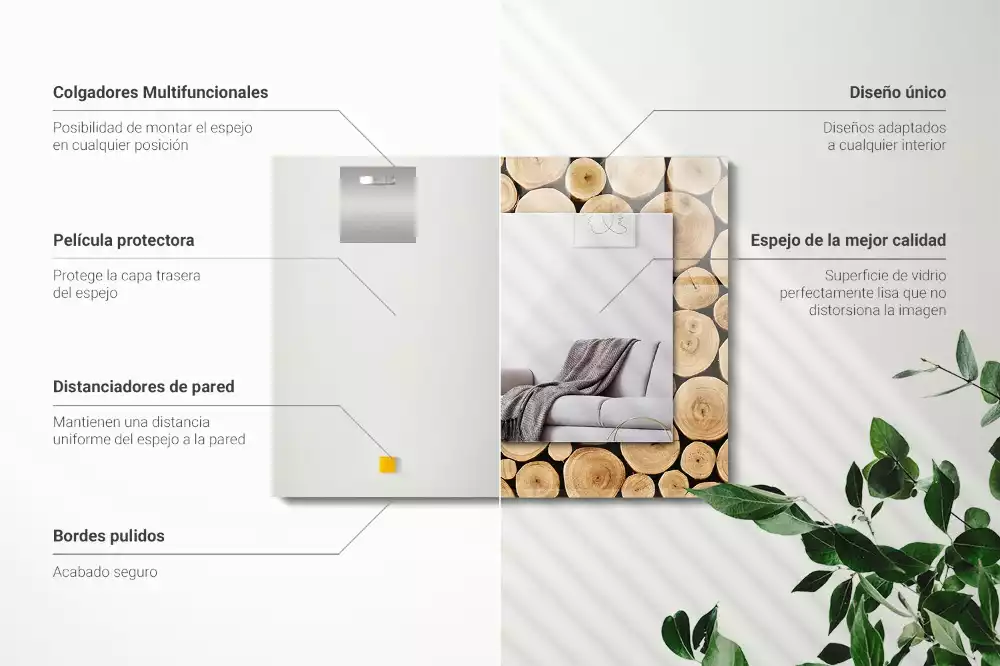 Oglindă dreptunghiulară decorativă cu secțiuni de trunchi de copac