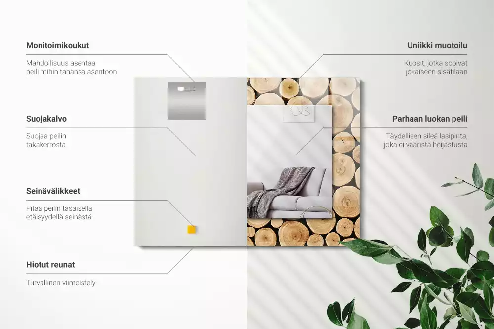 Oglindă dreptunghiulară decorativă cu secțiuni de trunchi de copac