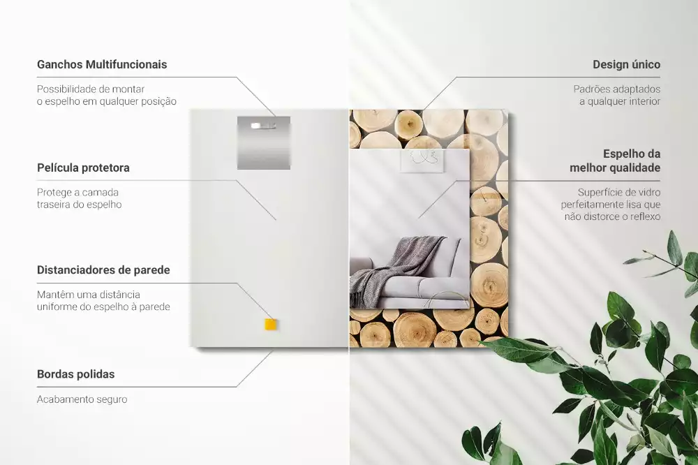 Oglindă dreptunghiulară decorativă cu secțiuni de trunchi de copac