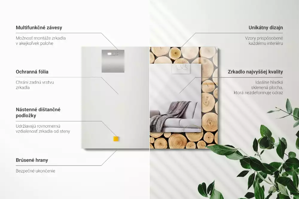 Oglindă dreptunghiulară decorativă cu secțiuni de trunchi de copac