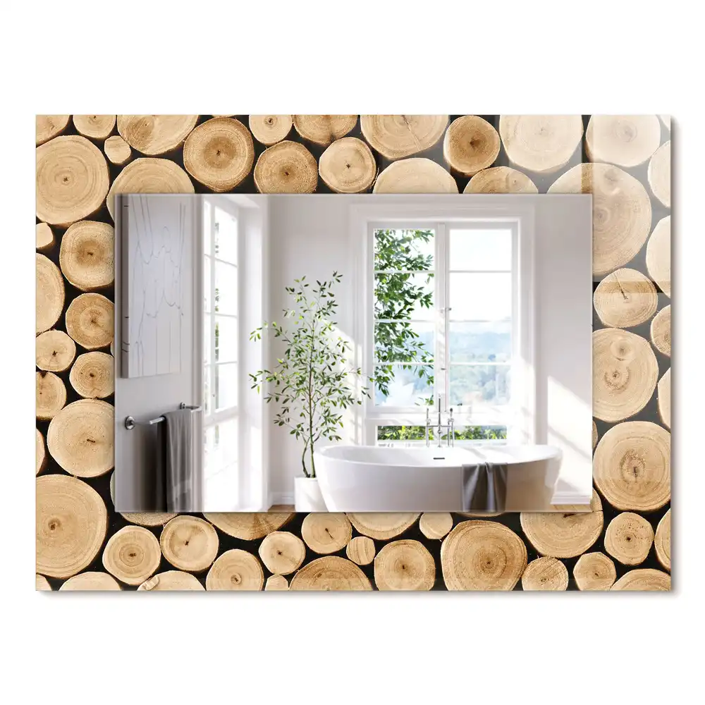 Oglindă dreptunghiulară decorativă cu secțiuni de trunchi de copac