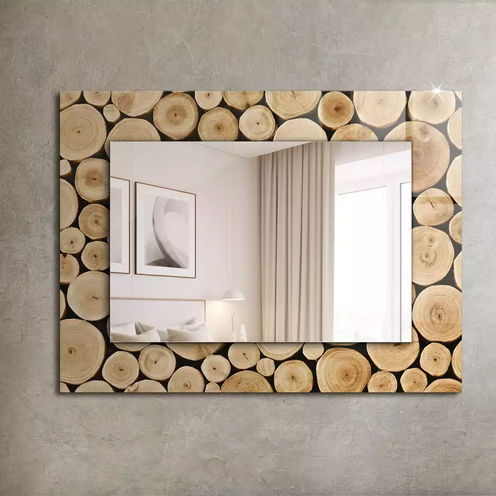 Oglindă dreptunghiulară decorativă cu secțiuni de trunchi de copac