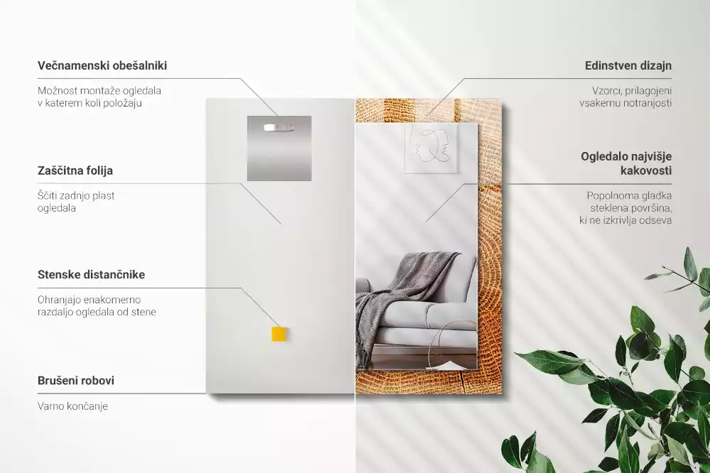 Oglindă dreptunghiulară cu imprimeu secțiune transversală de trunchi de copac cu inele de creștere
