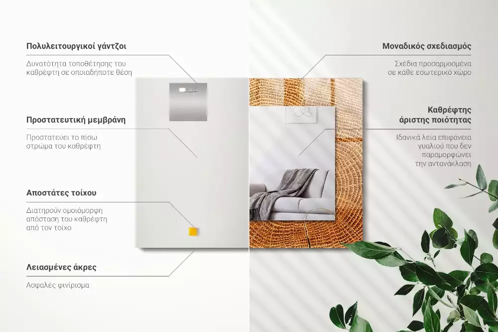 Oglindă dreptunghiulară cu imprimeu secțiune transversală de trunchi de copac cu inele de creștere