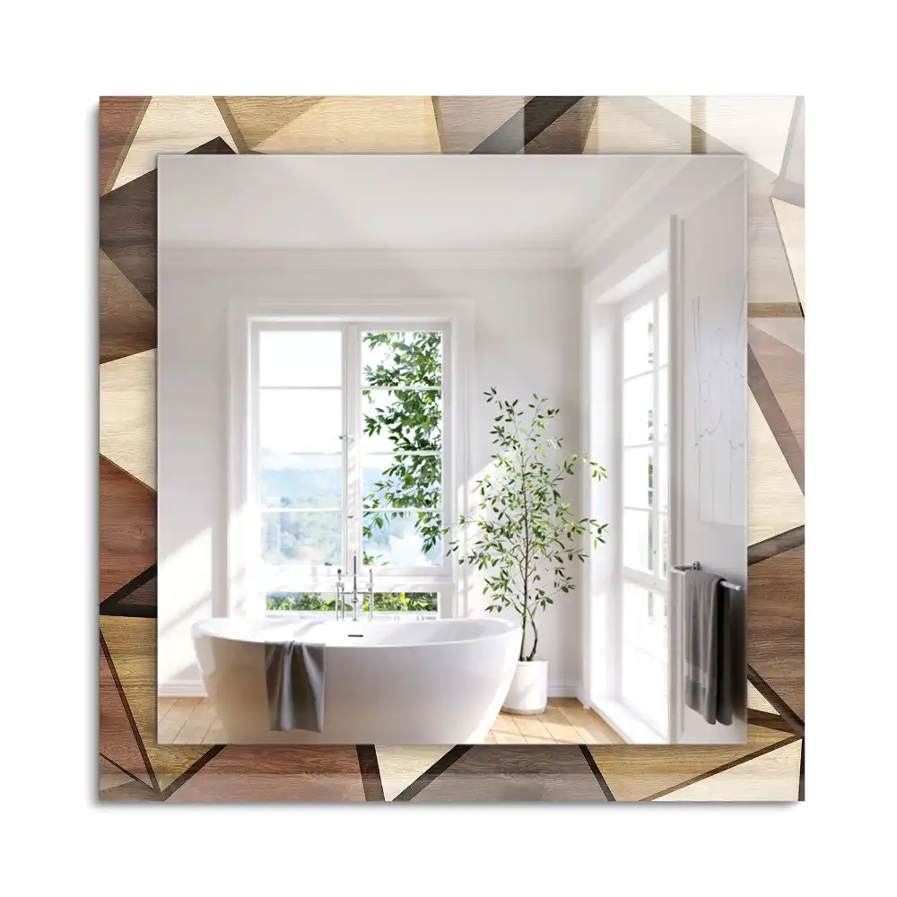 Oglindă dreptunghiulară cu ramă din lemn și imprimeu geometric