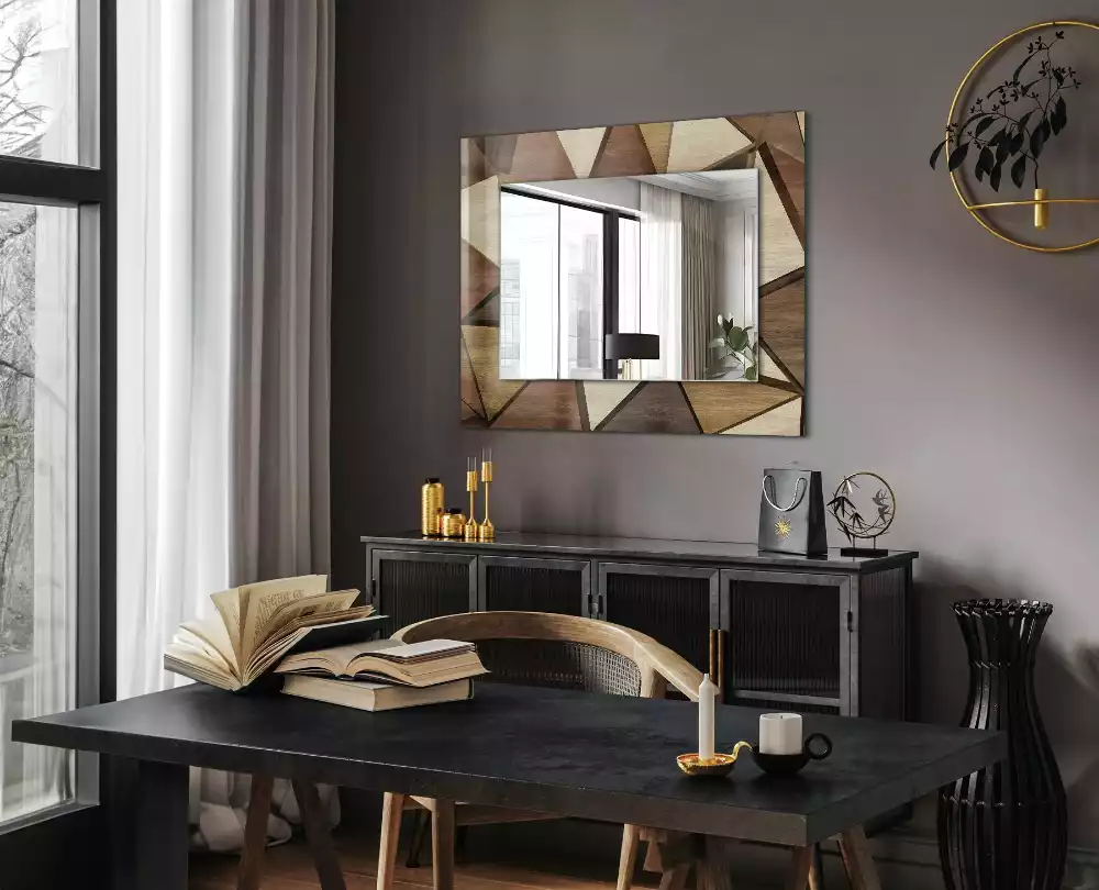 Oglindă dreptunghiulară cu ramă din lemn și imprimeu geometric