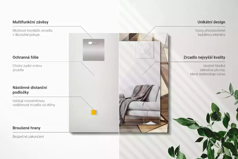 Oglindă dreptunghiulară cu ramă din lemn și imprimeu geometric