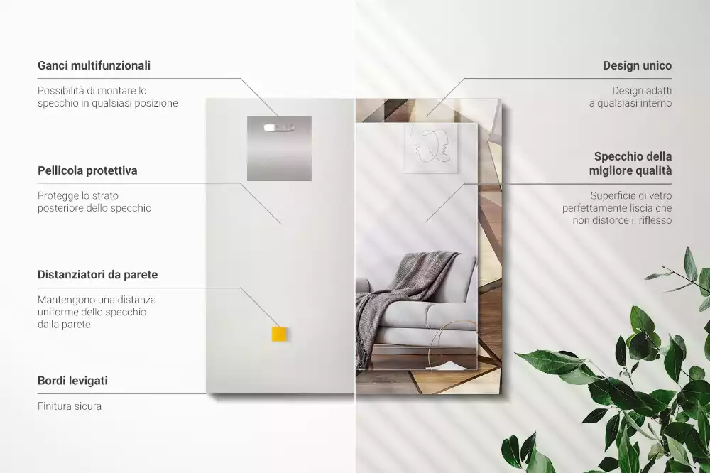 Oglindă dreptunghiulară cu ramă din lemn și imprimeu geometric