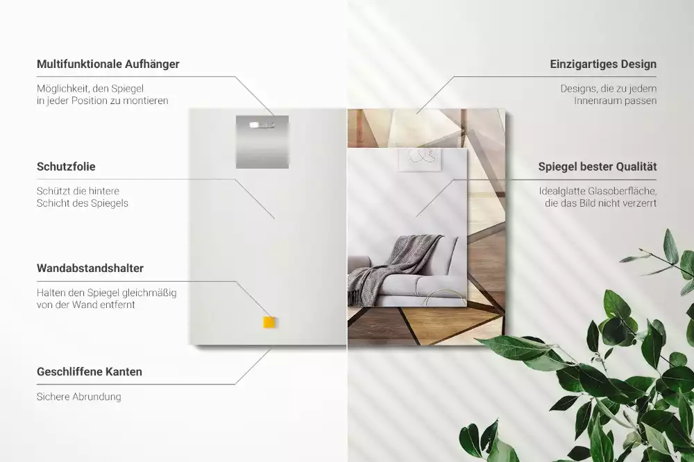 Oglindă dreptunghiulară cu ramă din lemn și imprimeu geometric