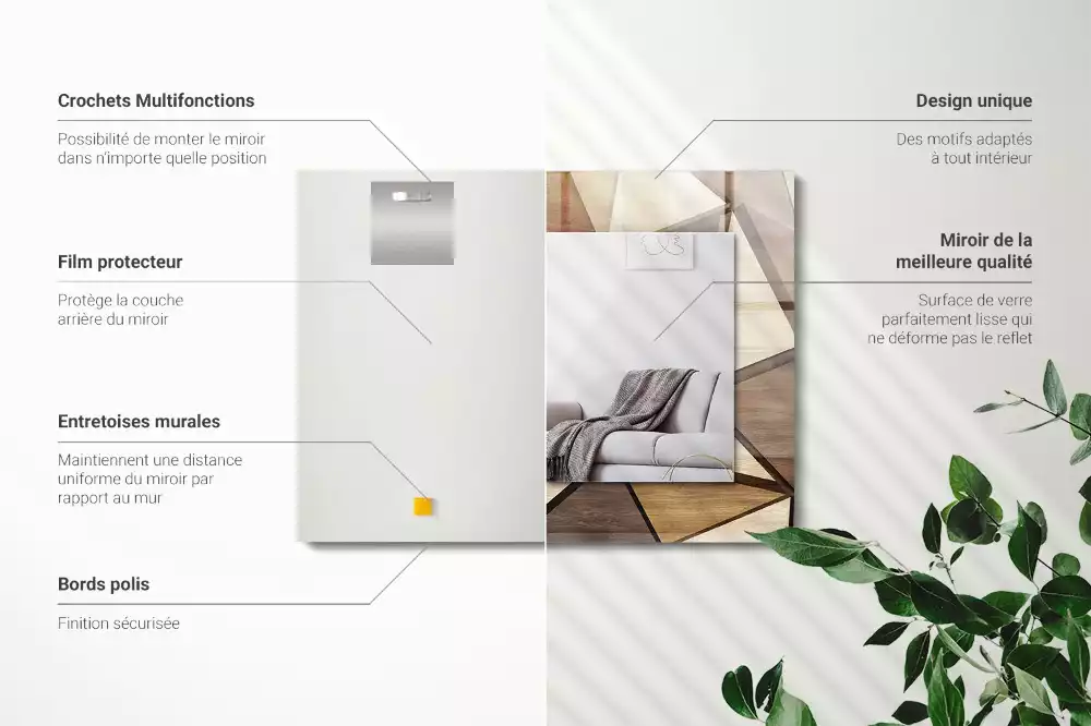 Oglindă dreptunghiulară cu ramă din lemn și imprimeu geometric