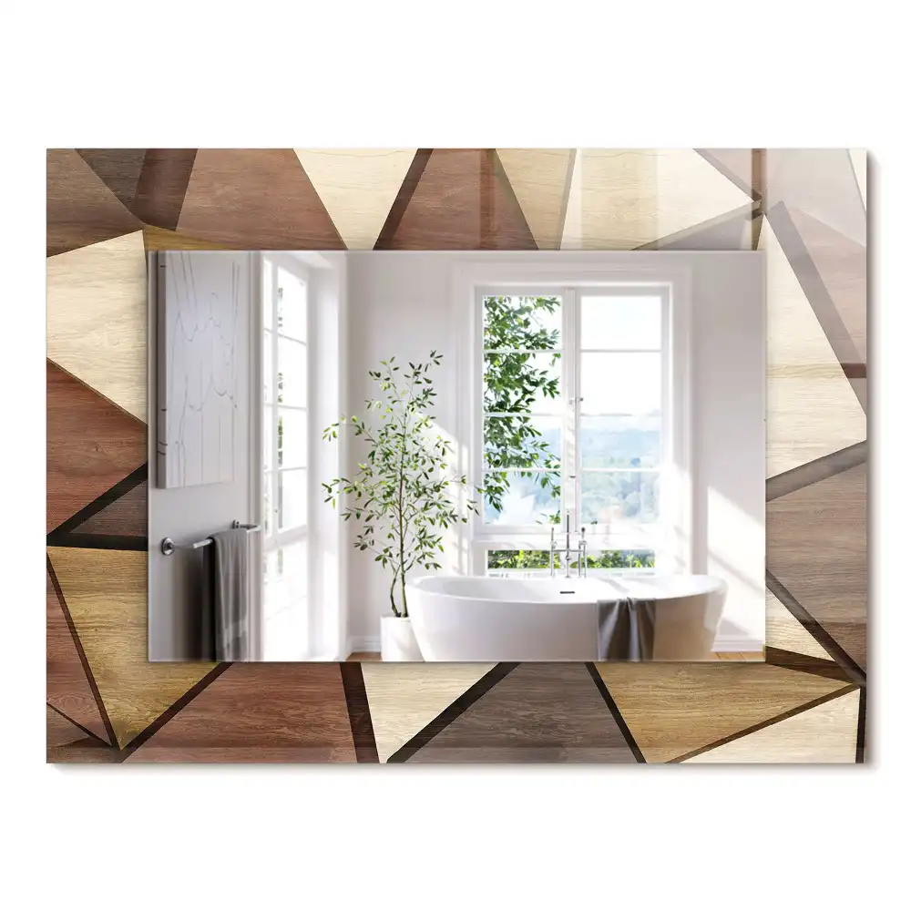 Oglindă dreptunghiulară cu ramă din lemn și imprimeu geometric