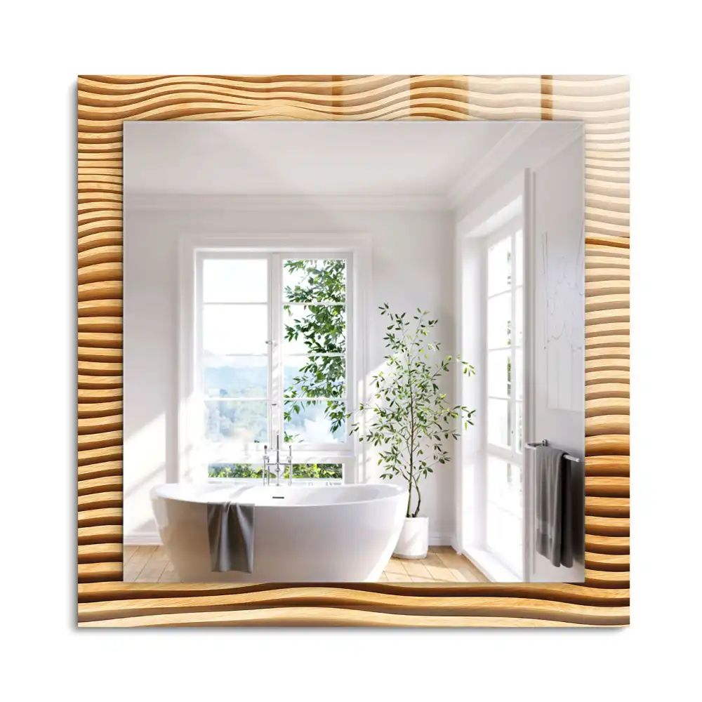 Oglindă dreptunghiulară cu decor din lemn în formă de valuri
