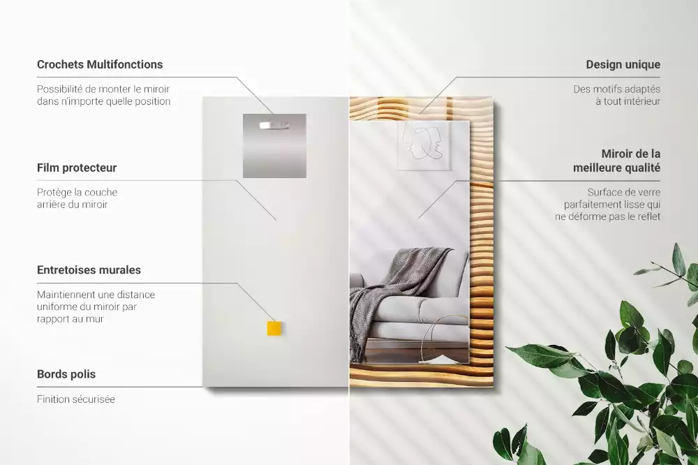 Oglindă dreptunghiulară cu decor din lemn în formă de valuri
