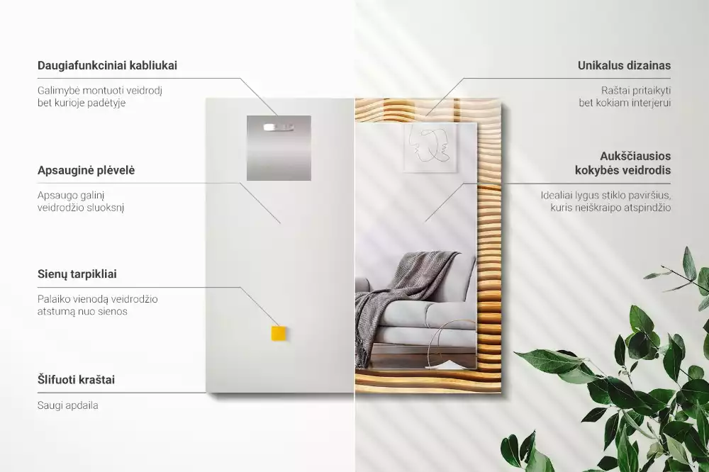 Oglindă dreptunghiulară cu decor din lemn în formă de valuri