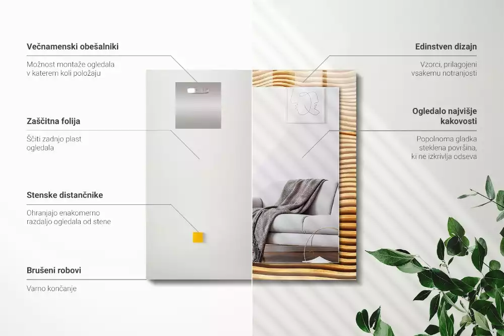 Oglindă dreptunghiulară cu decor din lemn în formă de valuri