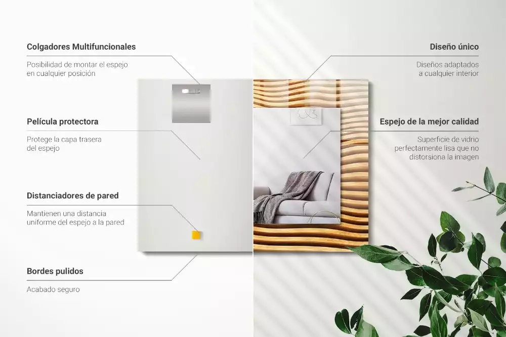 Oglindă dreptunghiulară cu decor din lemn în formă de valuri