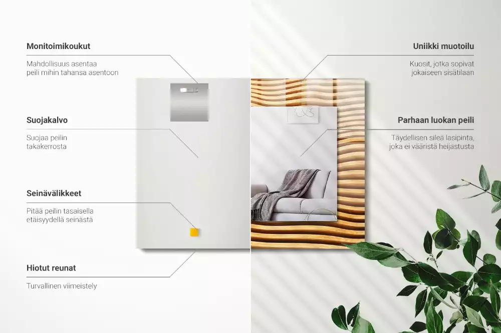 Oglindă dreptunghiulară cu decor din lemn în formă de valuri