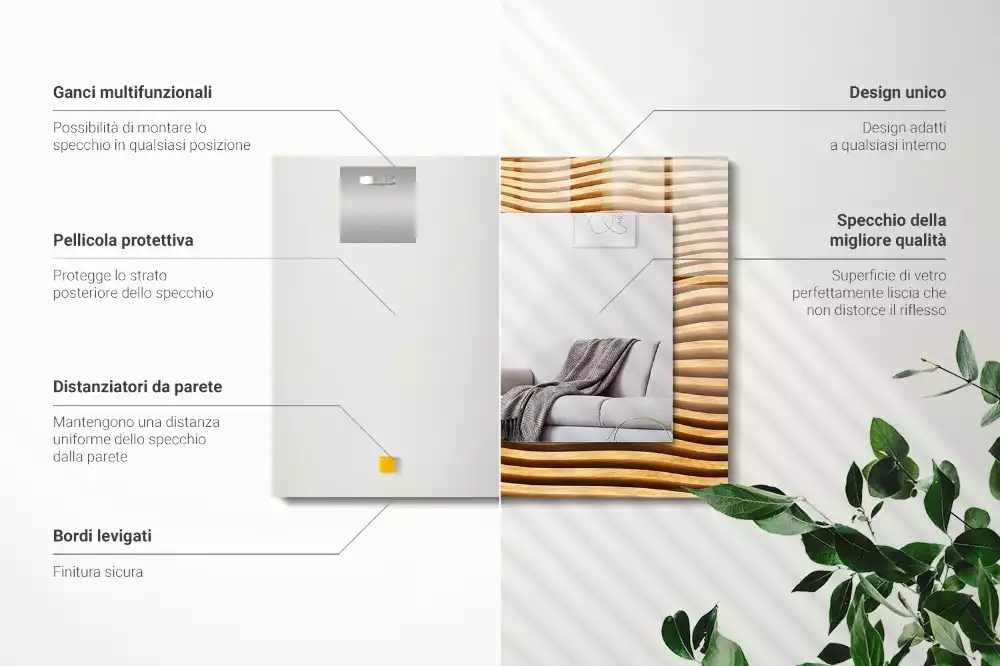 Oglindă dreptunghiulară cu decor din lemn în formă de valuri