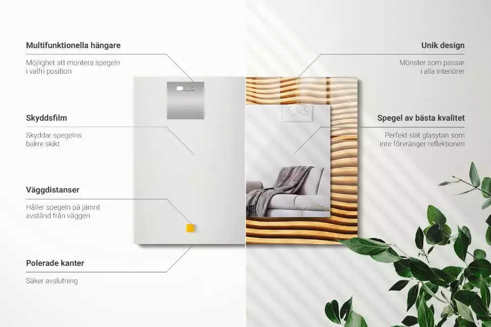 Oglindă dreptunghiulară cu decor din lemn în formă de valuri