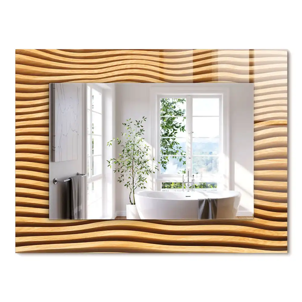 Oglindă dreptunghiulară cu decor din lemn în formă de valuri