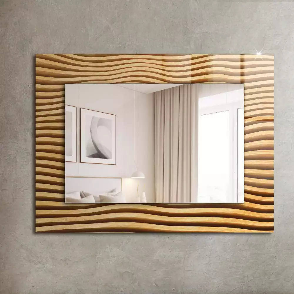 Oglindă dreptunghiulară cu decor din lemn în formă de valuri