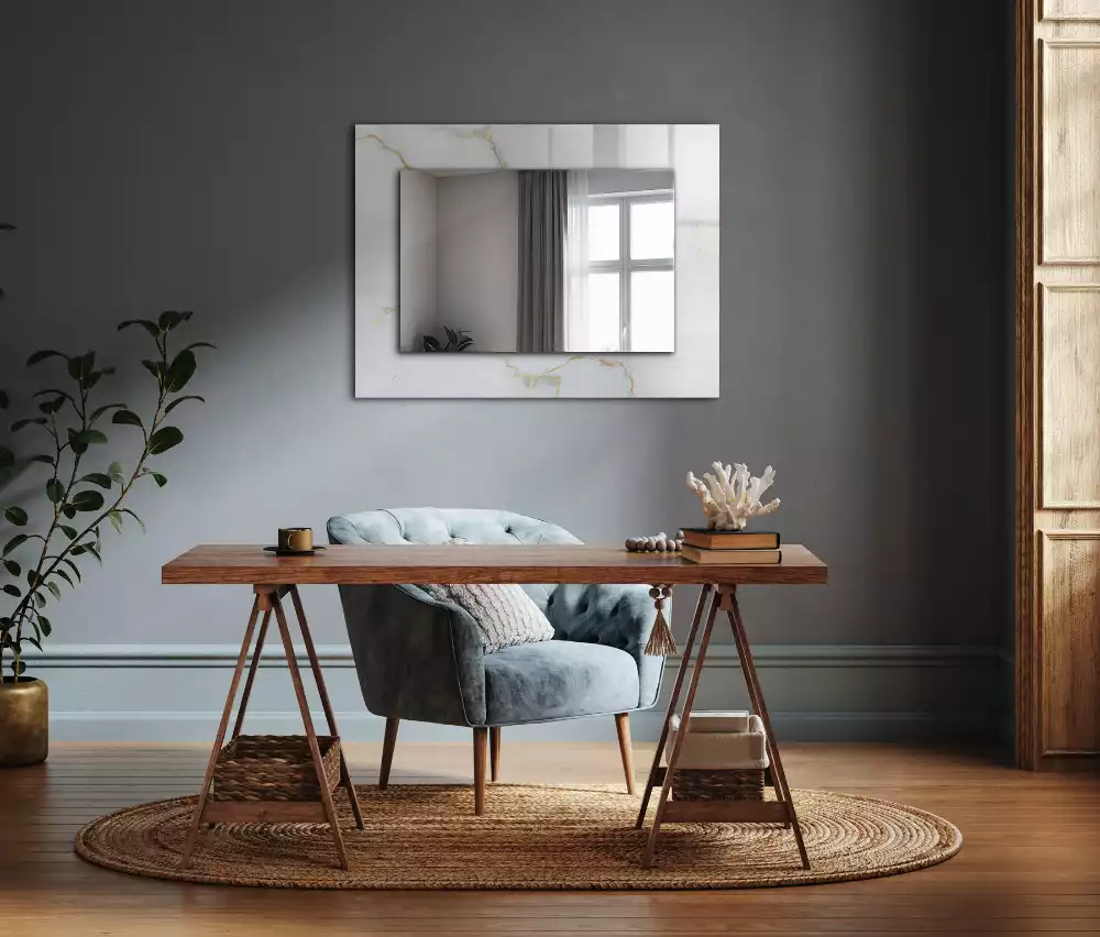Oglindă dreptunghiulară decorativă cu model de marmură albă