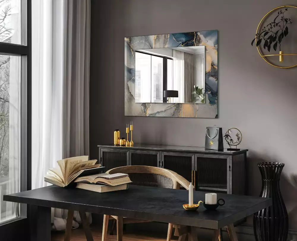 Oglindă decorativă dreptunghiulară cu artă abstractă albastră