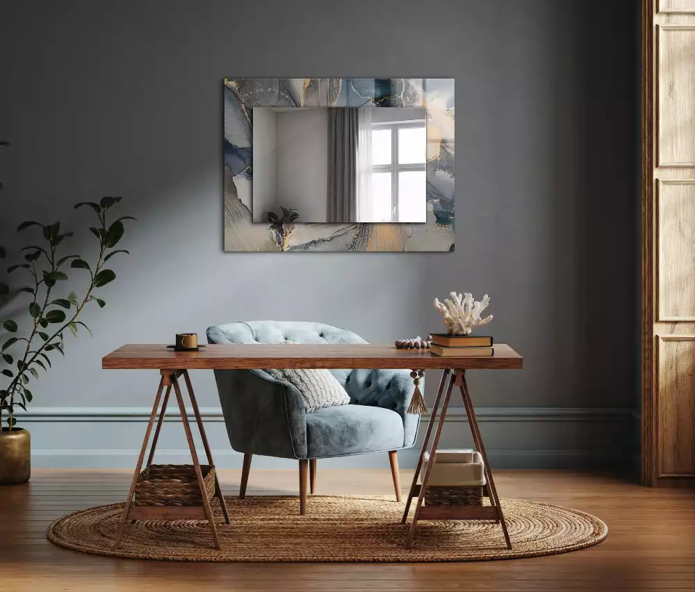 Oglindă decorativă dreptunghiulară cu artă abstractă albastră