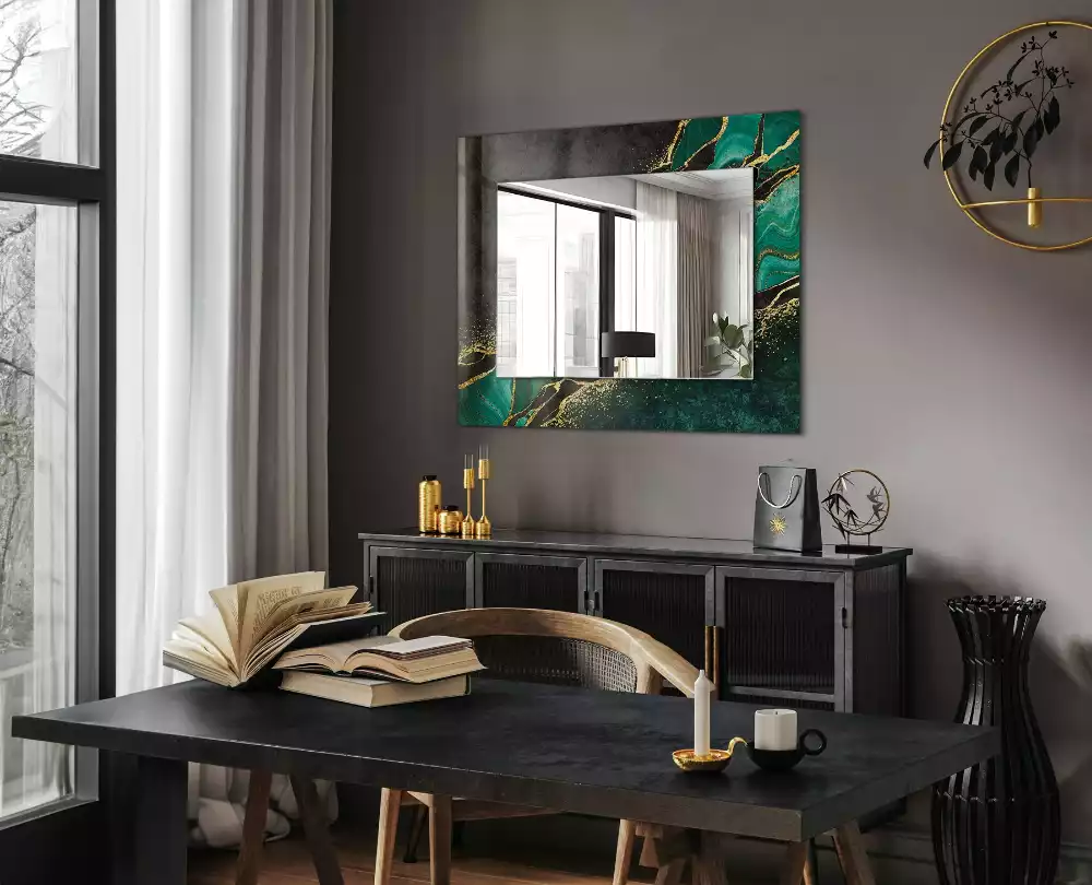 Oglindă dreptunghiulară cu model decorativ abstract verde