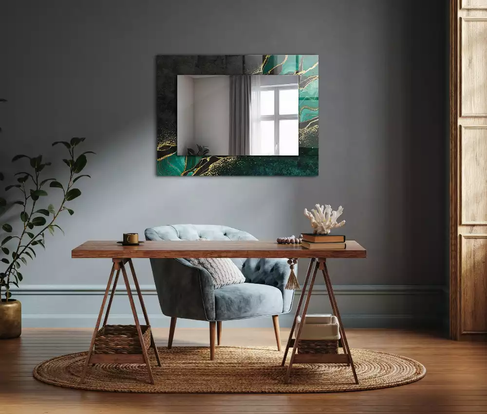Oglindă dreptunghiulară cu model decorativ abstract verde