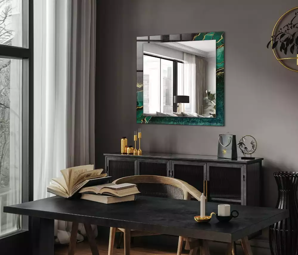 Oglindă dreptunghiulară cu model decorativ abstract verde